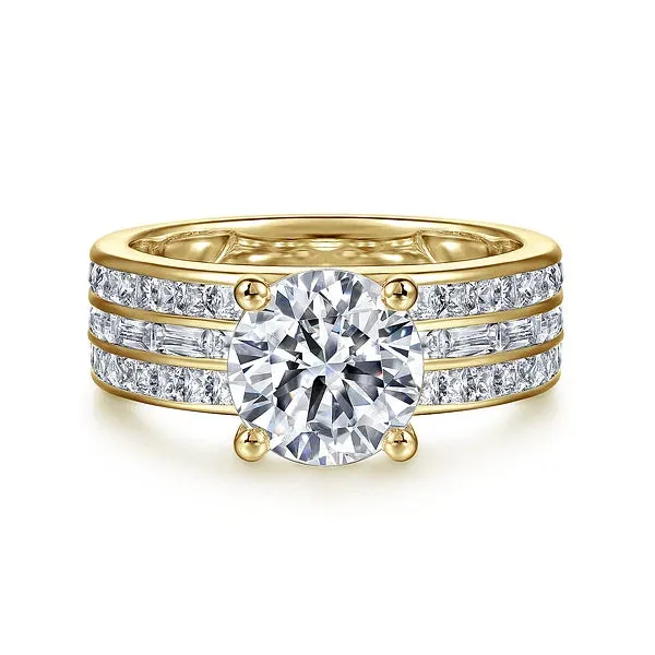 Wide Three Row Round Diamond Engagement Ring Mounting
