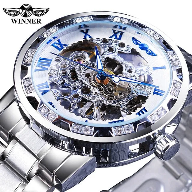 Winner Transparent Fashion Diamond Display Luminous Hands Gear Movement Retro Royal Design Men Mechanical Skeleton Wrist Watches
