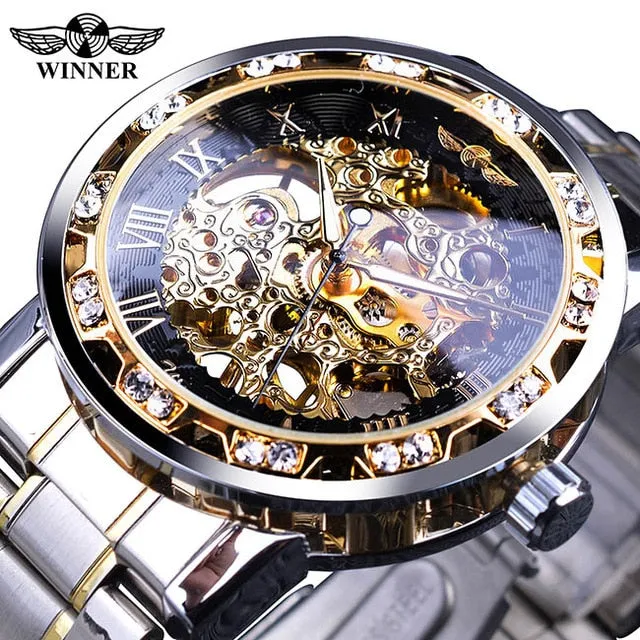 Winner Transparent Fashion Diamond Display Luminous Hands Gear Movement Retro Royal Design Men Mechanical Skeleton Wrist Watches