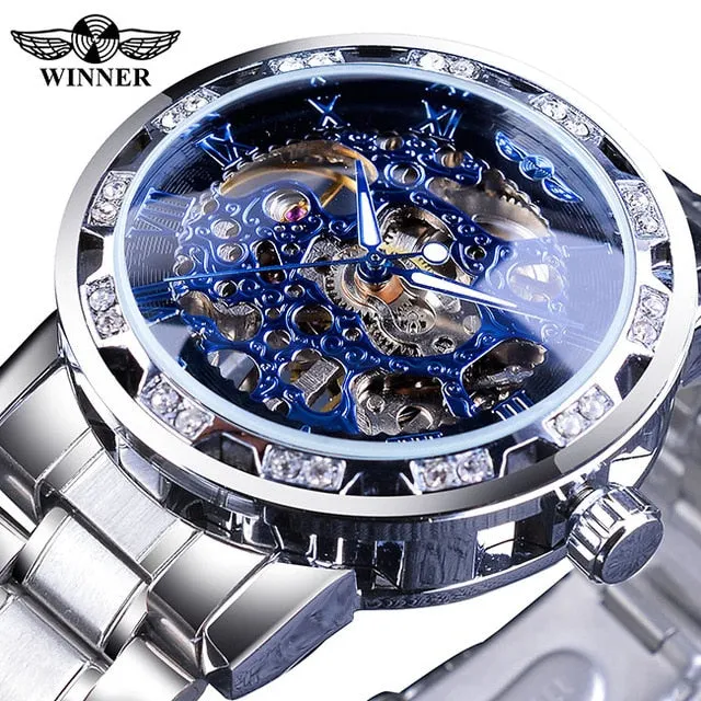 Winner Transparent Fashion Diamond Display Luminous Hands Gear Movement Retro Royal Design Men Mechanical Skeleton Wrist Watches