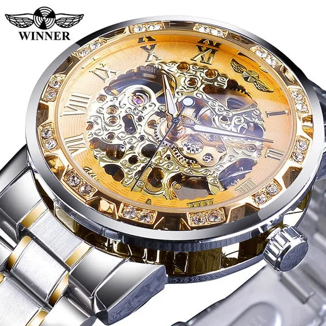 Winner Transparent Fashion Diamond Display Luminous Hands Gear Movement Retro Royal Design Men Mechanical Skeleton Wrist Watches