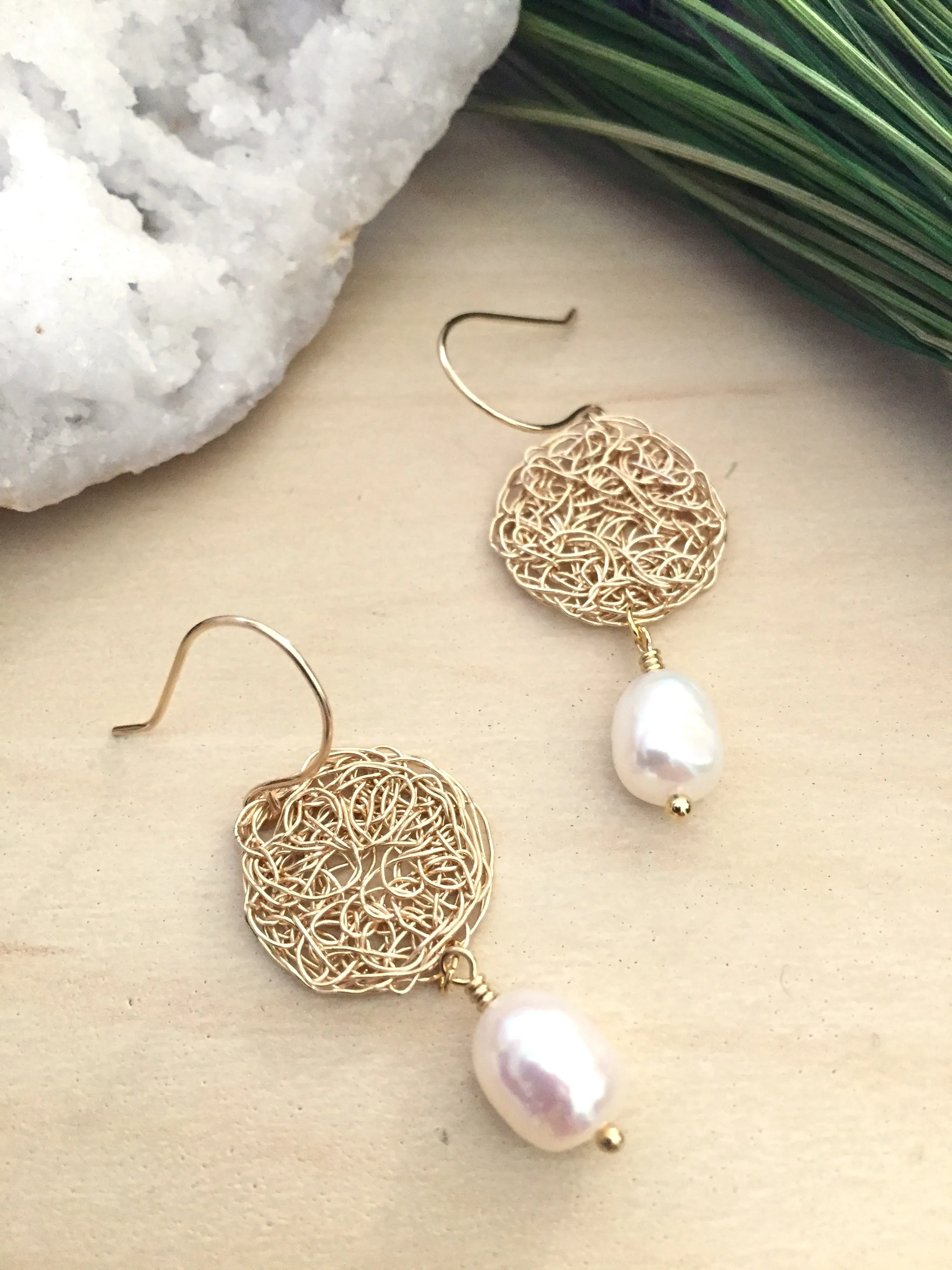 Wire Crochet Rhea Earrings with Freshwater Pearl Drop - Gold Wire Crochet earrings on 14k Gold Fill ear wires
