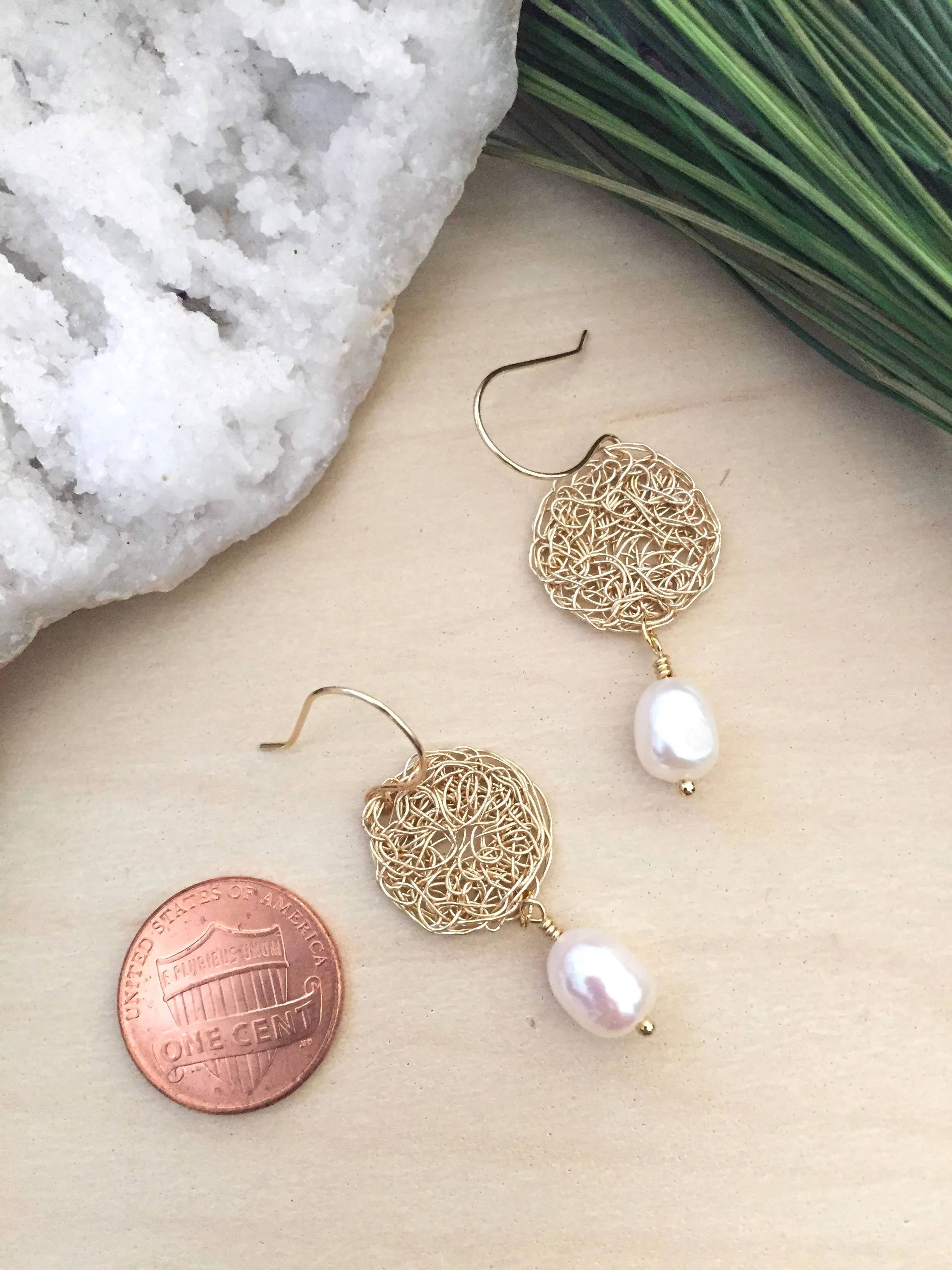 Wire Crochet Rhea Earrings with Freshwater Pearl Drop - Gold Wire Crochet earrings on 14k Gold Fill ear wires