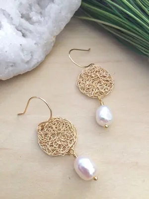 Wire Crochet Rhea Earrings with Freshwater Pearl Drop - Gold Wire Crochet earrings on 14k Gold Fill ear wires