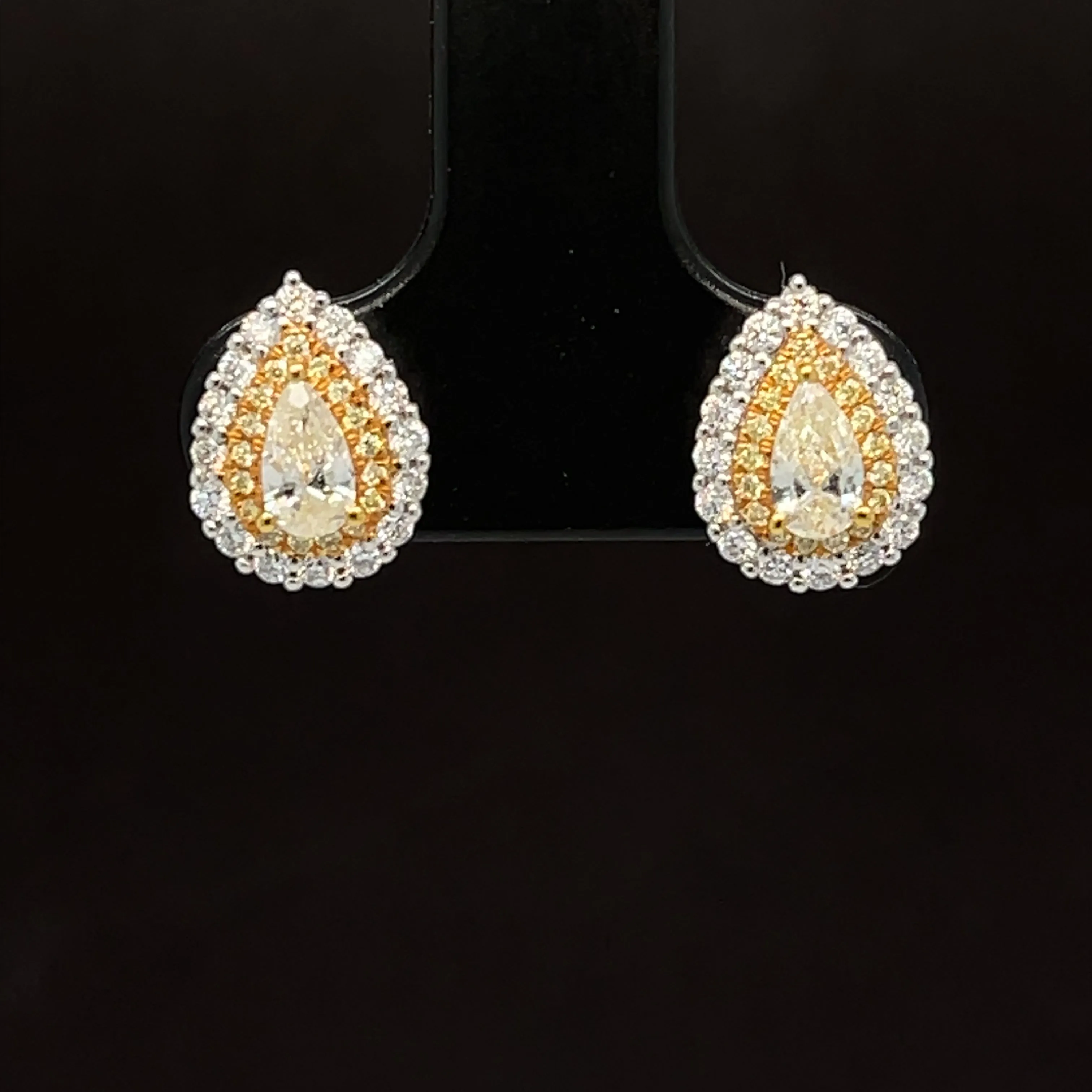 Yellow & White Diamond Pear Double Halo Stud Earrings in 18k Two-Tone Gold - #591 - ERDIA355184