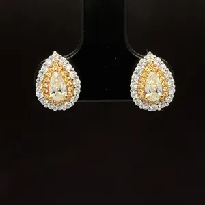 Yellow & White Diamond Pear Double Halo Stud Earrings in 18k Two-Tone Gold - #591 - ERDIA355184