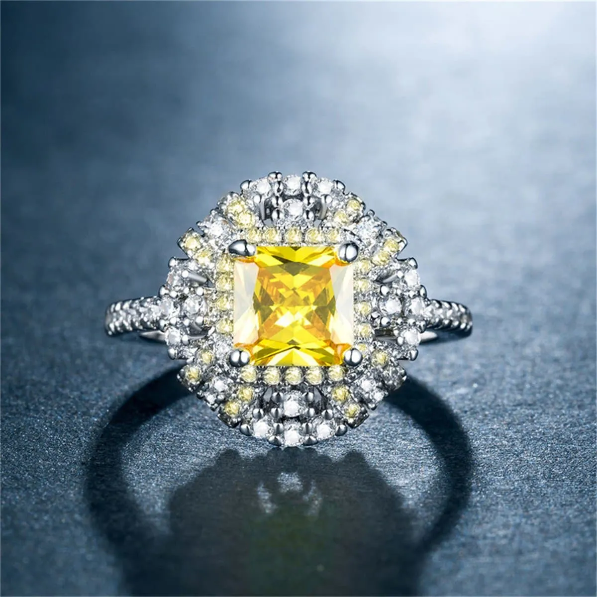 Yellow Princess Cut Cubic Zirconia & Silver-Plated Ring