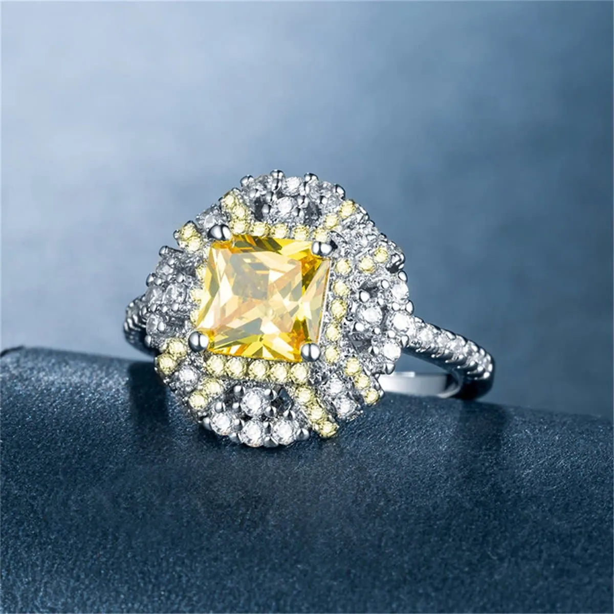 Yellow Princess Cut Cubic Zirconia & Silver-Plated Ring