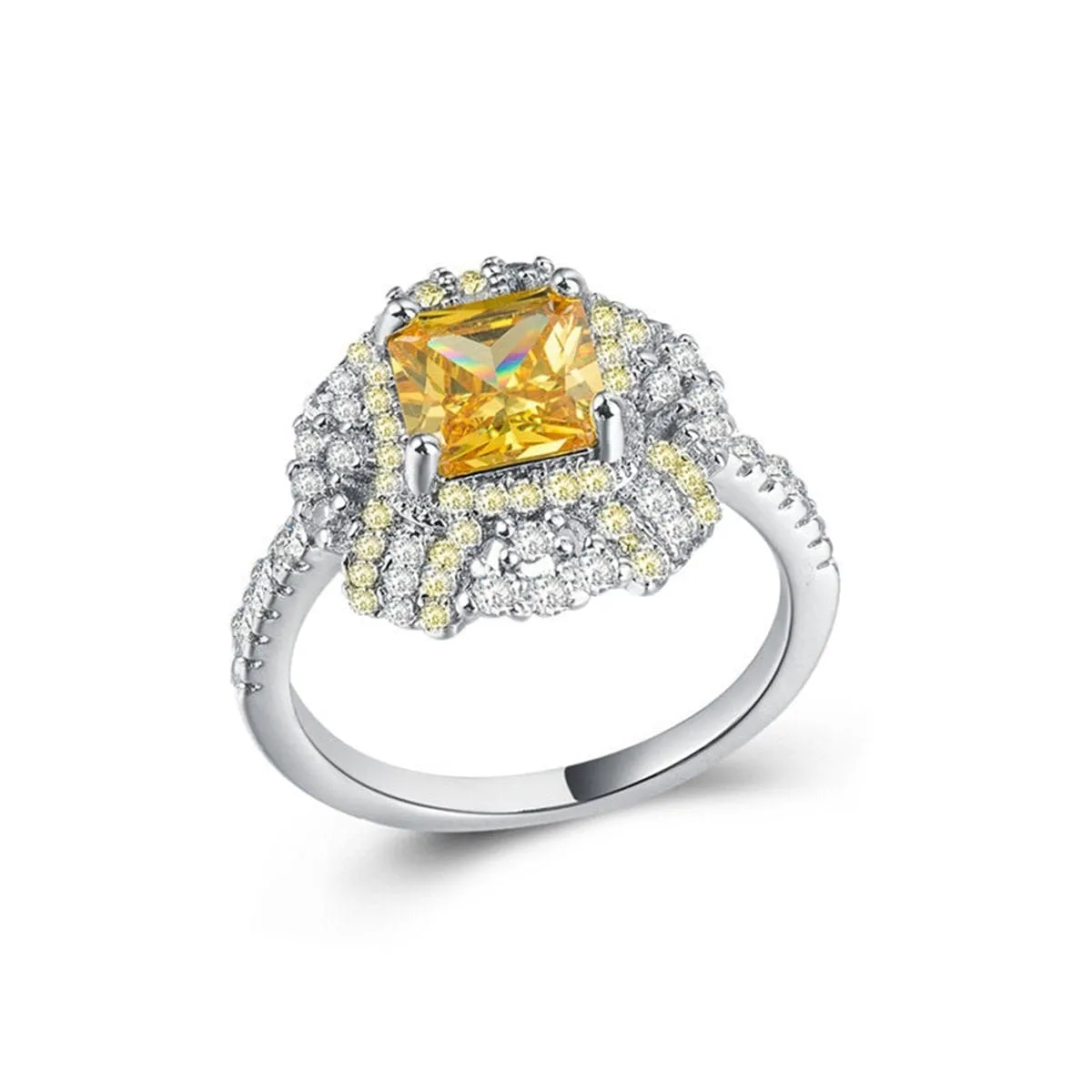 Yellow Princess Cut Cubic Zirconia & Silver-Plated Ring