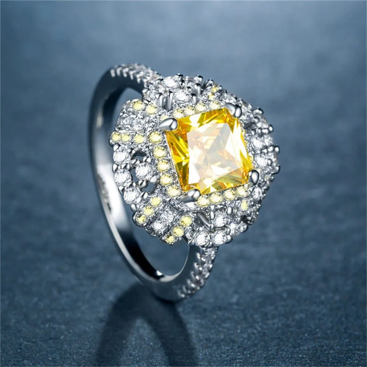 Yellow Princess Cut Cubic Zirconia & Silver-Plated Ring
